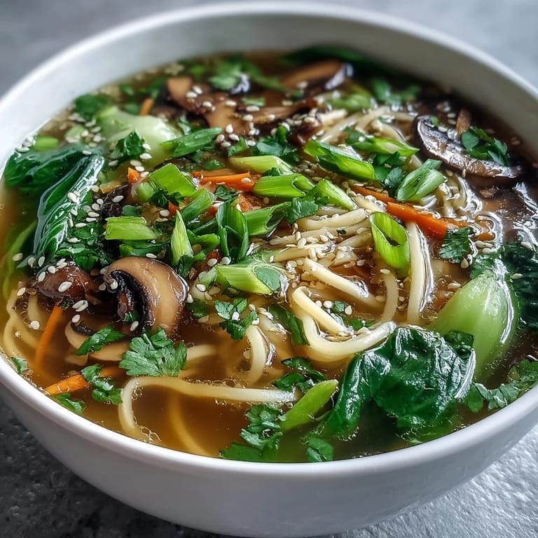 Miso Ginger Winter Soup with vibrant carrots and shiitake mushrooms ready to serve.