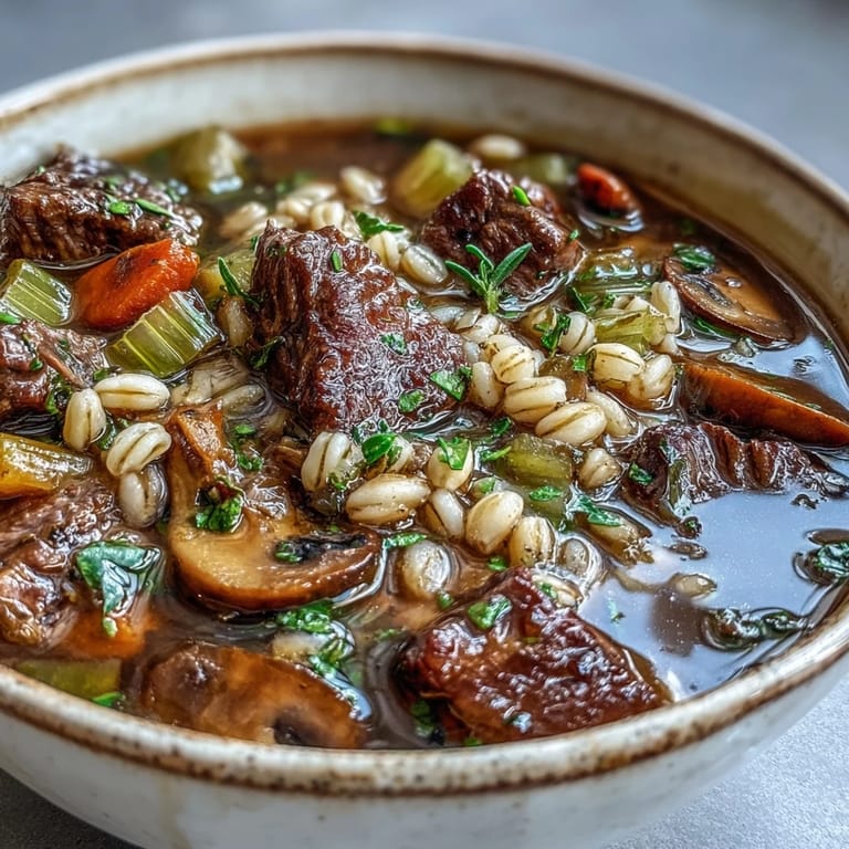 Close-up shot of rich Vegetable Beef, Barley, and Mushroom Soup, garnished with fresh parsley and a rustic bread slice on the side.