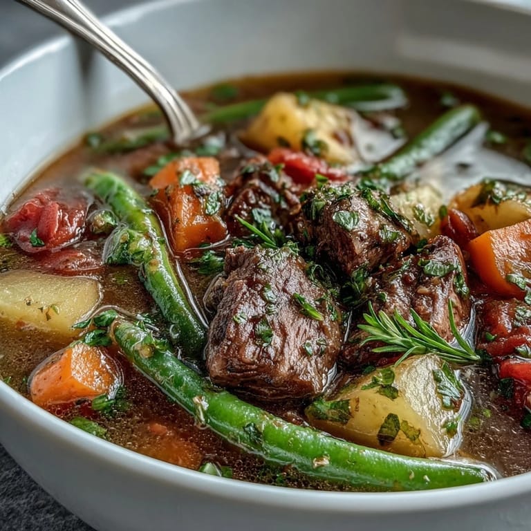 Homemade beef and vegetable soup served in a mug with fresh parsley garnish, ideal for winter.