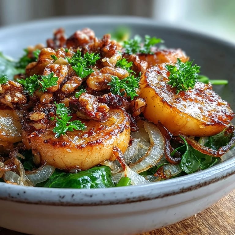 A close-up of the Warm Apple and Sauerkraut Skillet Salad shows wilted greens mixed into the tangy, caramelized mixture.