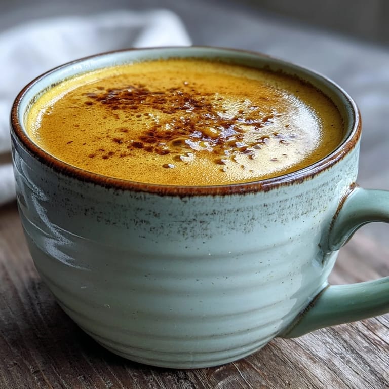 A frothy mug of Turmeric and Ginger Golden Milk sits beside ground spices and a honey dipper for easy sweetening.
