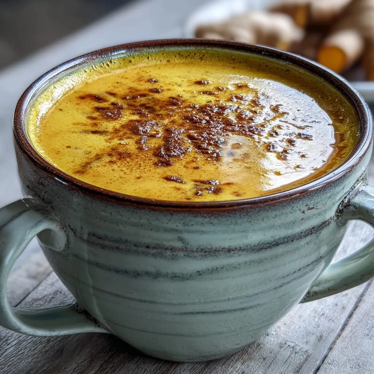 Overhead view of Turmeric and Ginger Golden Milk, garnished with cinnamon, showing a creamy texture in a cozy setting.