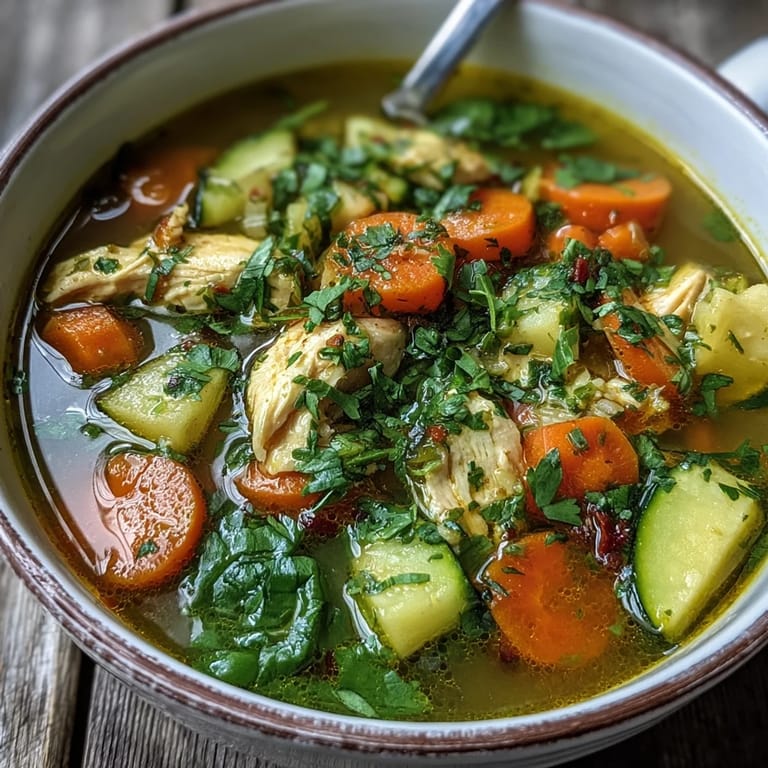 Bright Turmeric Chicken Soup served with a slice of crusty bread on a rustic wooden table.