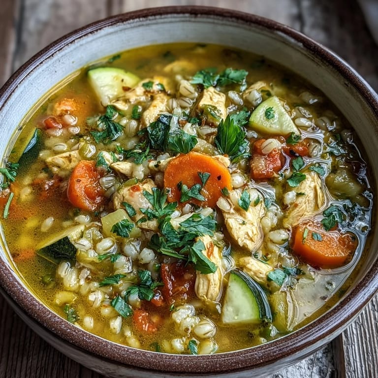 Golden Soothing Turmeric Chicken With Pearl Barley soup served warm, featuring tender chicken and diced zucchini.
