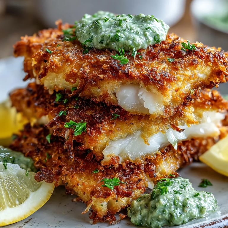 Sizzling baked haddock goujons sit atop a swirl of vibrant pea pesto, garnished with basil leaves and a sprinkle of Parmesan.