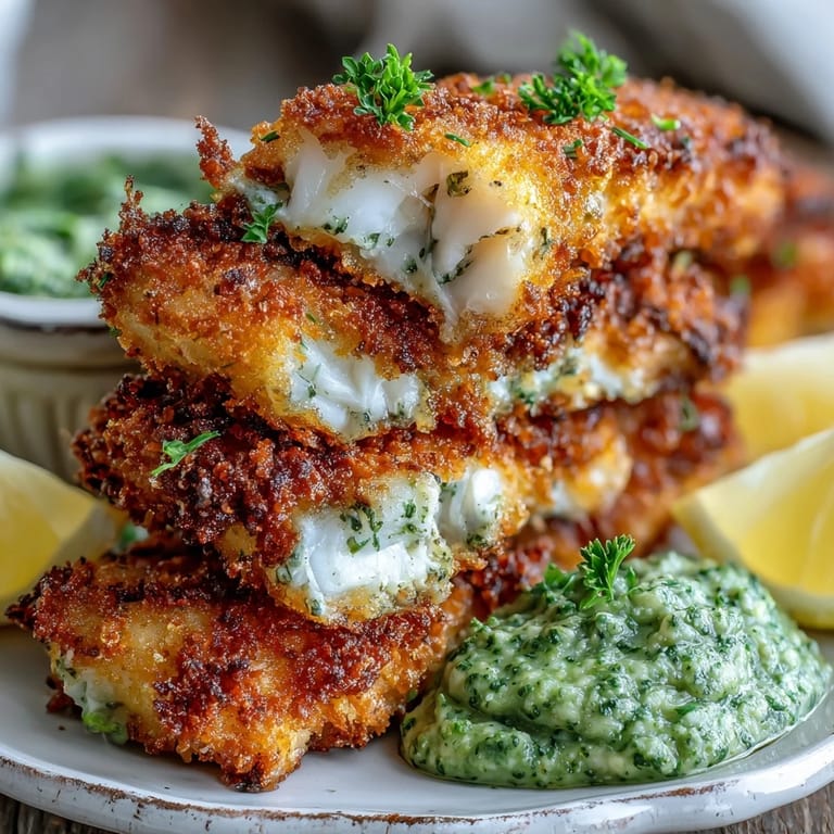 A top-down view shows crispy baked haddock goujons, a bowl of creamy pea pesto, lemon wedges, and fresh salad leaves.