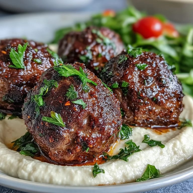 Spiced venison meatballs with spiced salad and creamy hummus sit beside a vibrant green salad on a rustic wooden table.