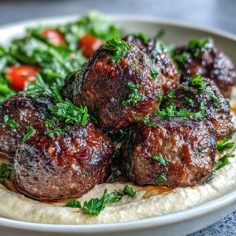 Sizzling venison meatballs with spiced salad and creamy hummus in a skillet next to a bowl of fresh salad.