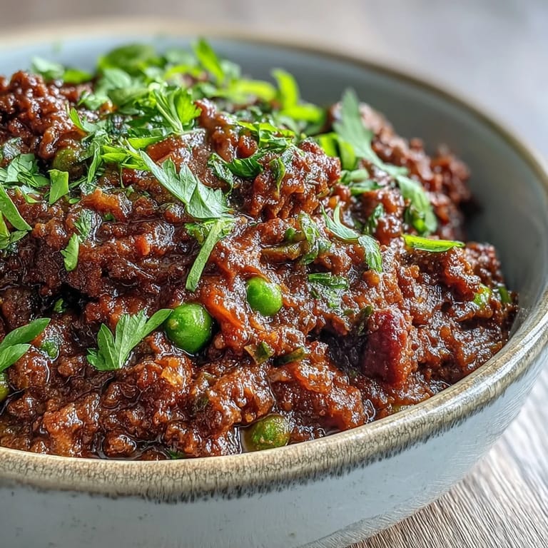 Sizzling pan of Venison Keema Curry prepared with cumin seeds, ginger, and warming spices. A hearty and flavorful Indian-inspired main dish, perfect for meal prep.