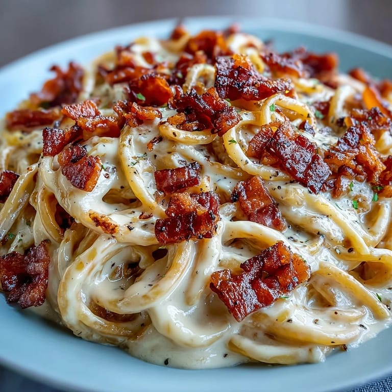 Close-up of celeriac carbonara showing twirled noodles, rich sauce, and golden pancetta for a low-carb Italian-inspired meal.