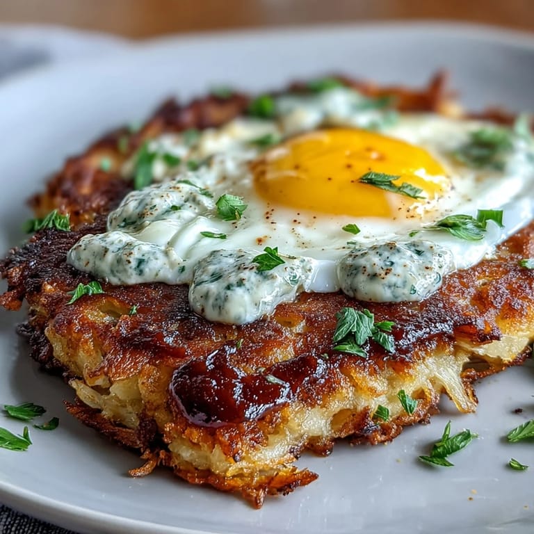 Pan-fried celeriac rösti with vibrant orange harissa yogurt and a perfectly fried egg, ready to enjoy for a delicious gluten-free supper.