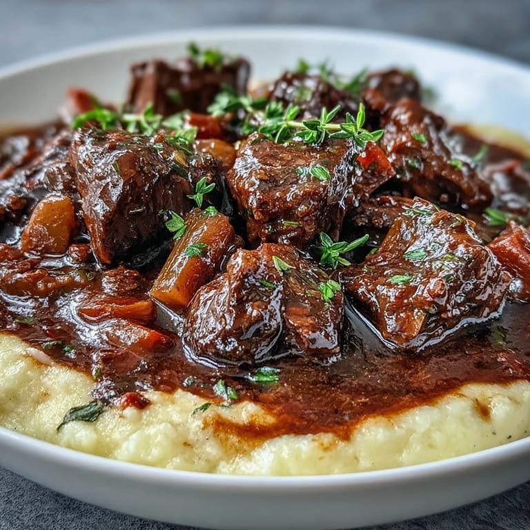 Hearty Venison Stew with Sloe Gin and Polenta garnished with thyme, radiating warmth and comfort.