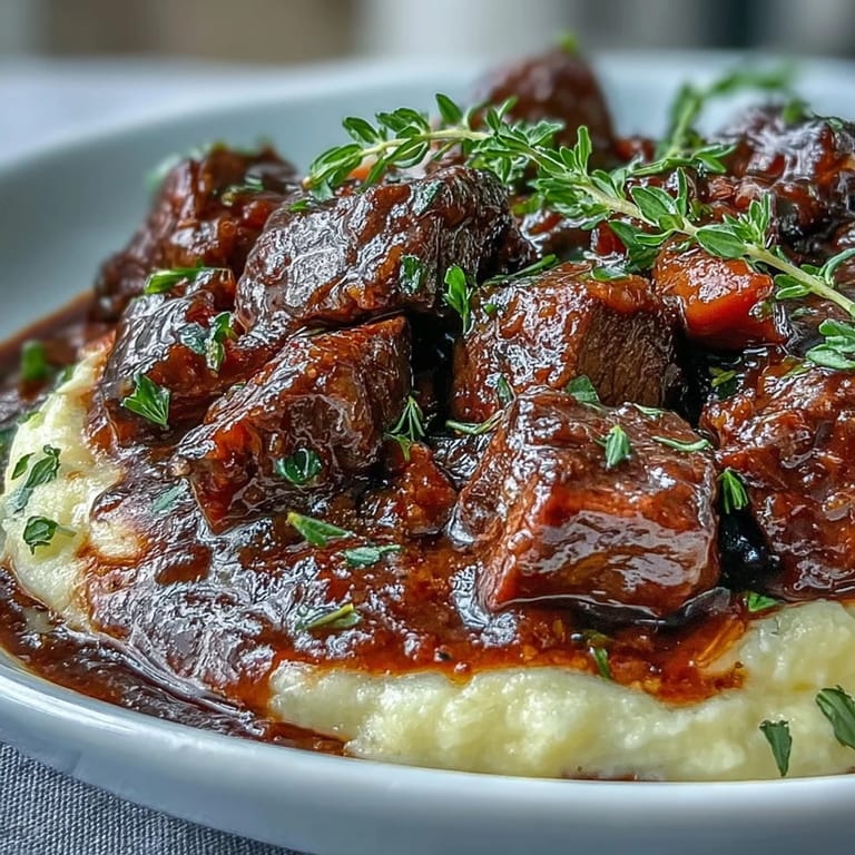 Rich, glossy Venison Stew with Sloe Gin and Polenta served beside a glass of red wine.