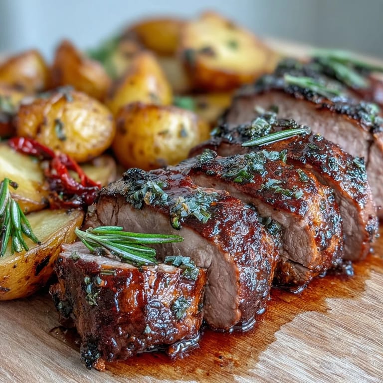 Freshly roasted Ibérico pork fillet with tender red peppers and golden potatoes, plated with pan juices for dinner.