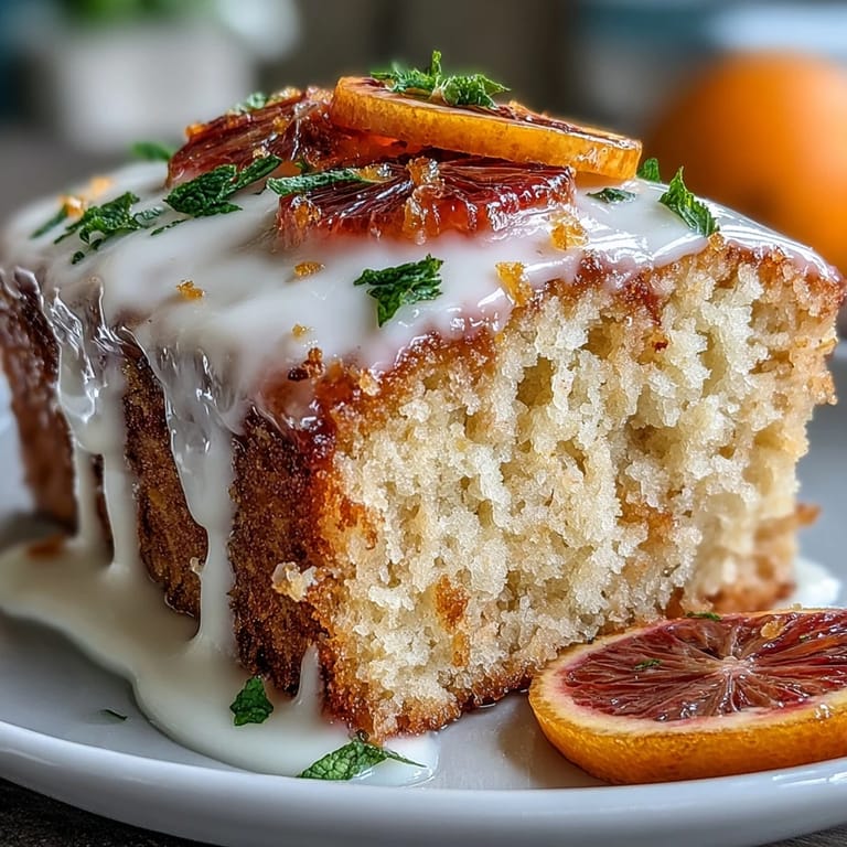 A slice of Heavenly Blood Orange Yogurt Cake reveals a soft, creamy texture with bright citrus zest and a sweet glaze on a marble board.