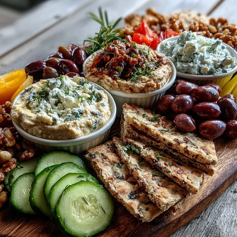 A close-up of the Mediterranean Brunch Board with Dips and Flatbreads, garnished with fresh parsley, with golden flatbread triangles ready for scooping the vibrant dips.