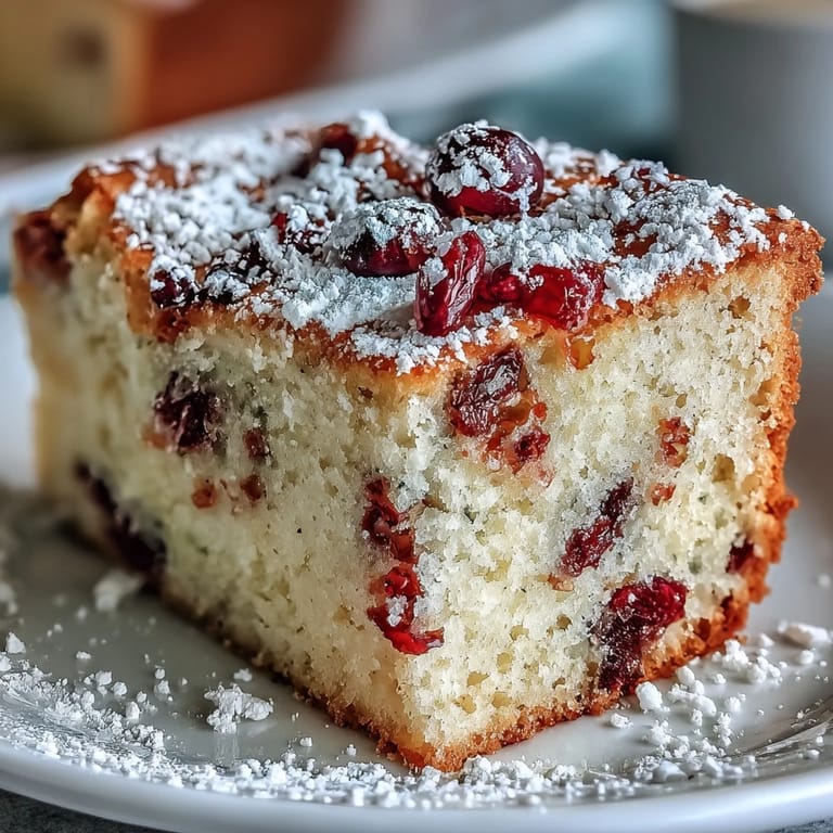 A close-up slice of Cranberry Orange Breakfast Cake reveals moist layers, vibrant cranberry bursts, and bright citrus zest, served on a white plate for a cozy morning treat.
