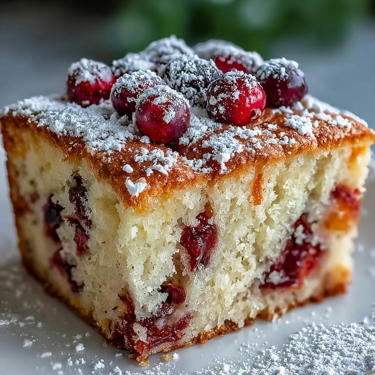 Golden-brown Cranberry Orange Breakfast Cake rests in a round pan, garnished with powdered sugar and fresh orange slices, ready to be sliced for a delightful brunch.