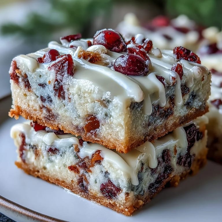 Plated Cranberry Bliss Bars showcase a generous white chocolate drizzle over smooth frosting, ideal for an afternoon dessert treat.