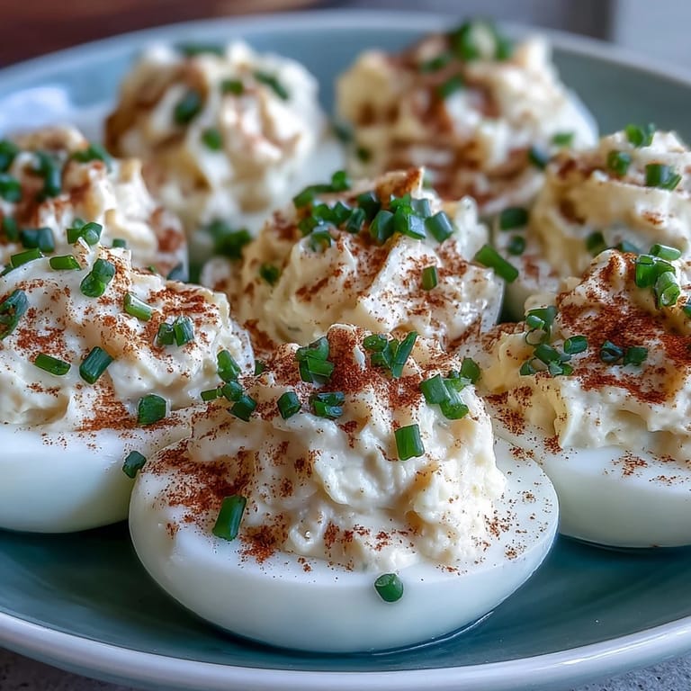 A close-up of Million Dollar Deviled Eggs shows the velvety yolk mixture piped into whites, offering a tangy and aromatic bite ready for a brunch spread.