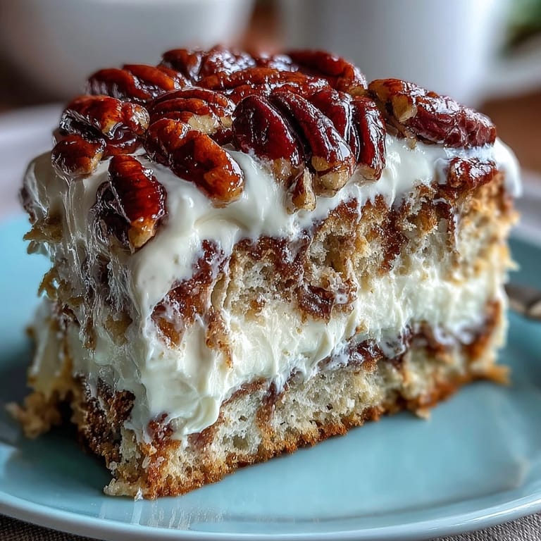 Buttery Mexican-American Butter Pecan Tres Leches Cake served on a dessert plate, garnished with whipped cream and rich pecan crumbles.