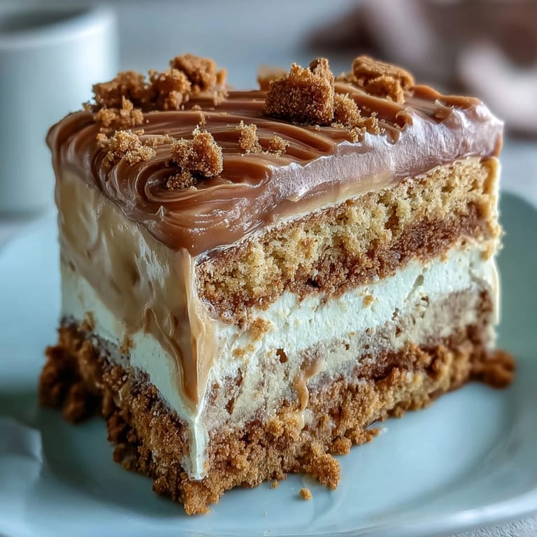 A freshly baked Decadent Baked Biscoff Cake with Creamy Lotus Frosting is topped with a generous drizzle of warm Lotus spread.