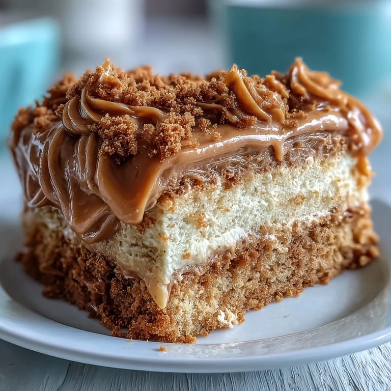Close-up of the Decadent Baked Biscoff Cake with Creamy Lotus Frosting showing the tender vanilla sponge and crunchy Biscoff biscuit pieces.