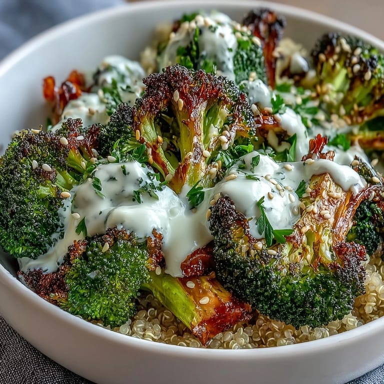 Roasted Broccoli Bowl topped with avocado and sesame seeds, a vibrant, wholesome vegan dinner idea.