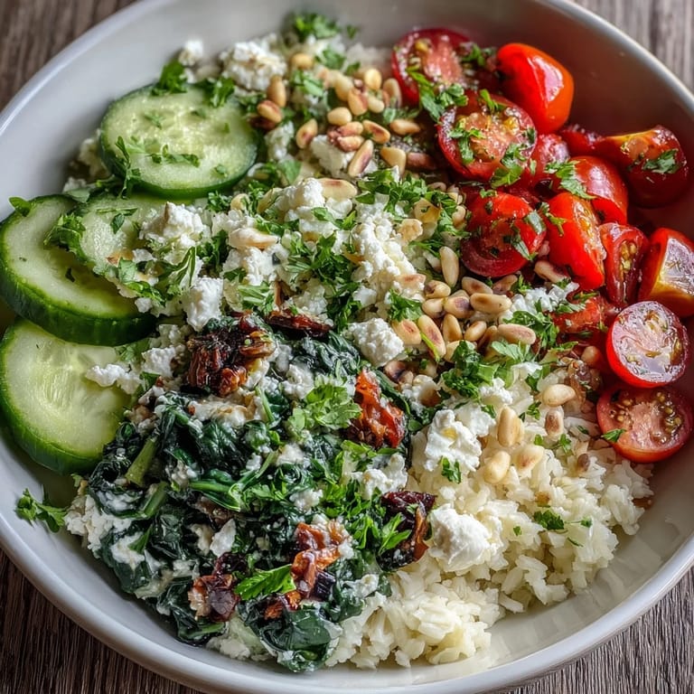 A Mediterranean-inspired Spinach and Feta Grain Bowl drizzled with lemon dressing and garnished with pine nuts.