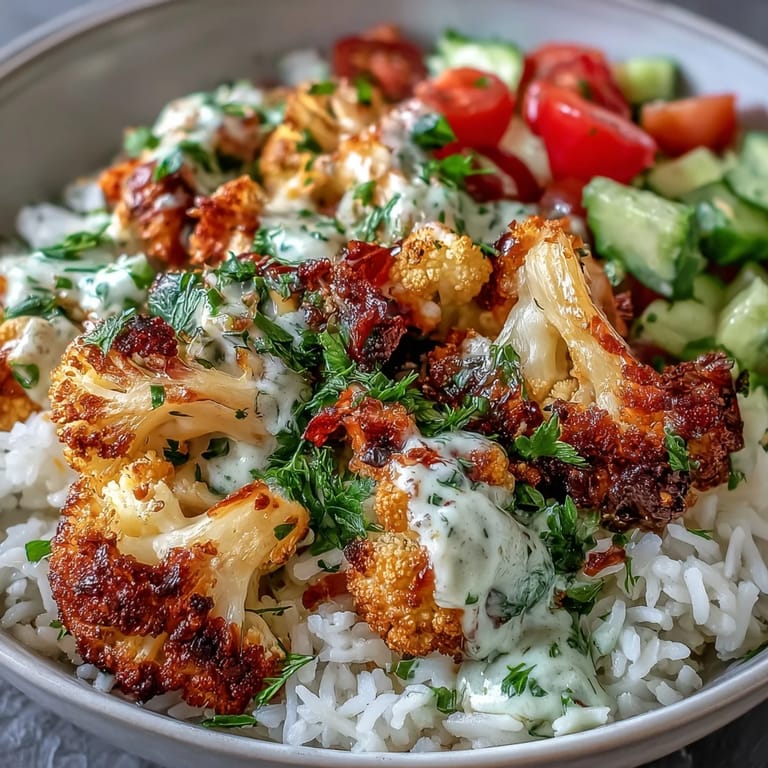 Roasted Cauliflower Bowl featuring crispy herb roasted cauliflower, carrots, tomatoes, and a creamy tahini drizzle over rice.  
