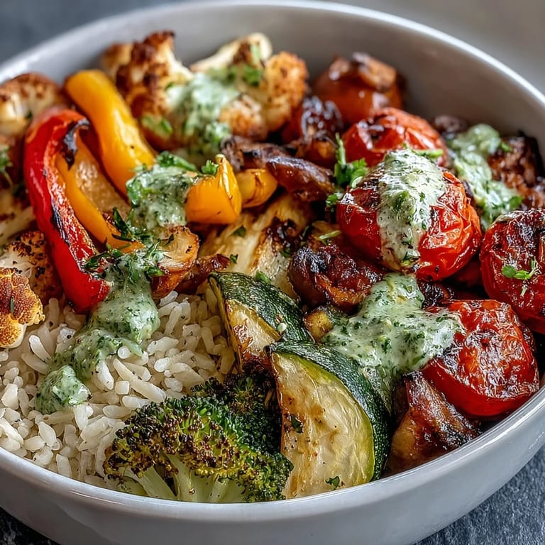 Hearty Rainbow Roasted Vegetable Bowl in a rustic bowl, vibrant roasted veggies and brown rice topped with a bright green herb drizzle.
