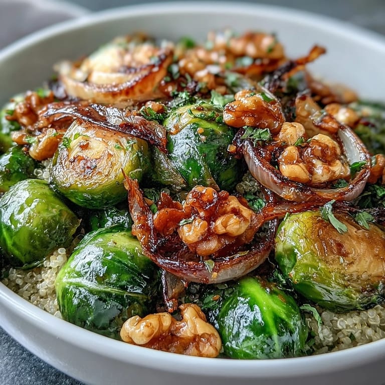 Hearty Roasted Brussels Sprouts Bowl with balsamic glaze, perfect for a wholesome vegetarian lunch or dinner.
