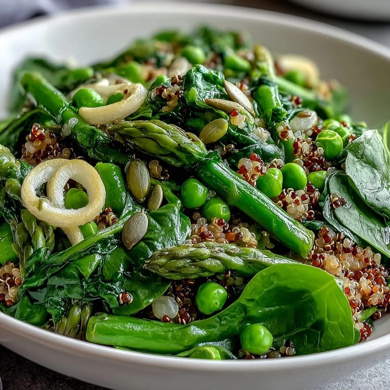 Healthy Spring Green Bowl with wilted spinach, peas, and asparagus, finished with fresh herbs and zesty lemon dressing.