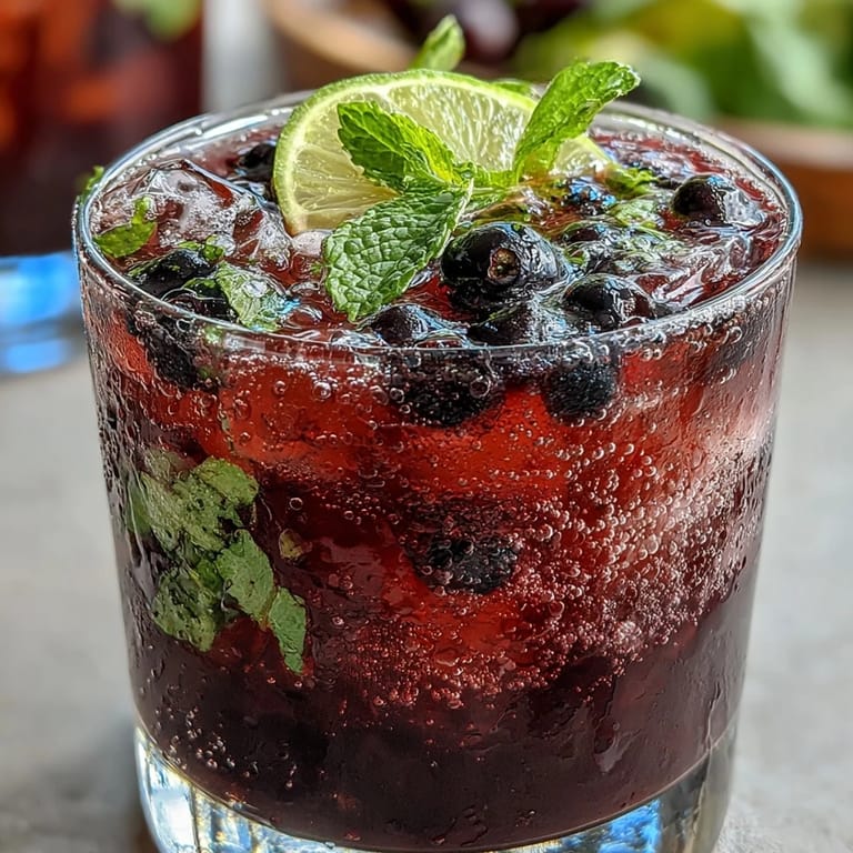 Homemade Black Currant Mojito with vibrant purple hue, lime wheels, and mint leaves muddled in the glass for a tangy aroma.