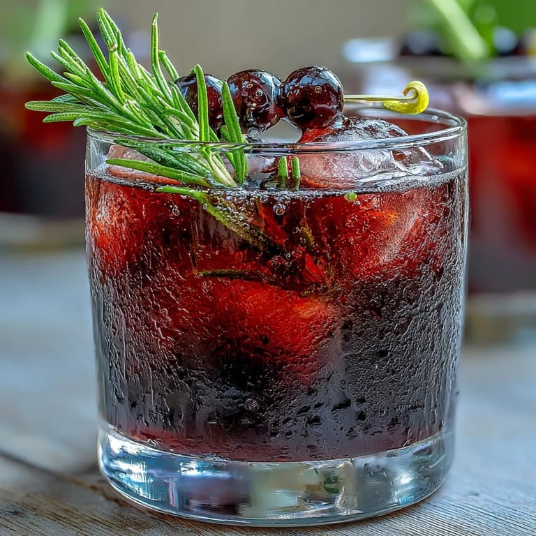 Black Currant Rosemary Cocktail with bourbon, black currant liqueur, and lemon juice, shaken with ice and strained.