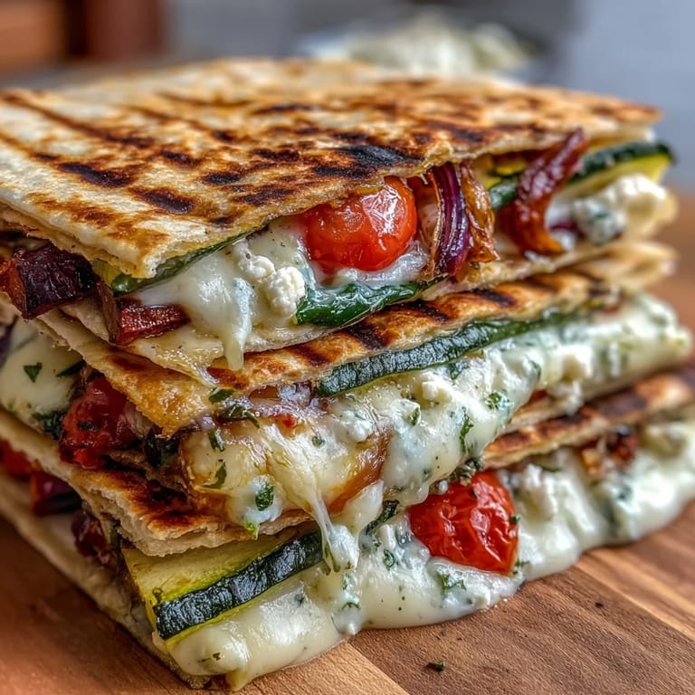 Sliced into wedges, these Grilled Mediterranean Veggie Quesadillas reveal gooey mozzarella and juicy cherry tomatoes, served with a side of creamy tzatziki.