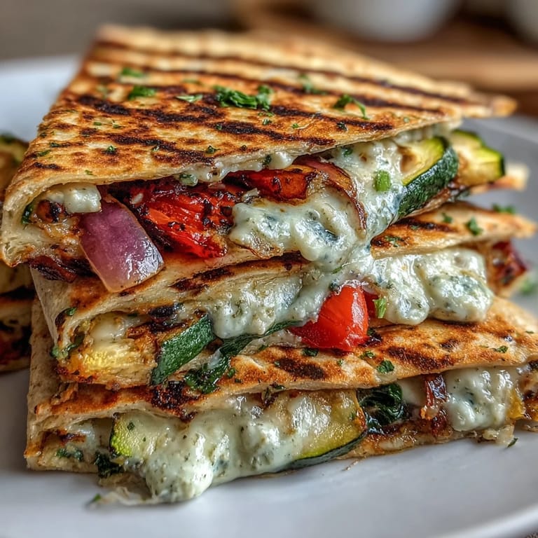 Freshly cooked Grilled Mediterranean Veggie Quesadillas display smoky grill marks, wilted spinach, and fragrant herbs on a vibrant platter ready for a backyard gathering.