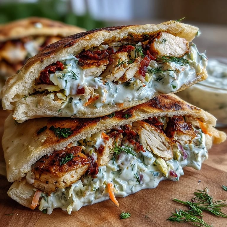A vibrant Flavor-Packed Chicken Pitas with Creamy Herby Ranch Slaw, filled with tender sliced chicken and crisp veggies for a hearty meal.