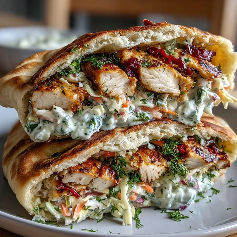 Fresh dill and parsley ranch slaw adds crunch to golden grilled chicken nestled inside a soft pita, served with lemon wedges.