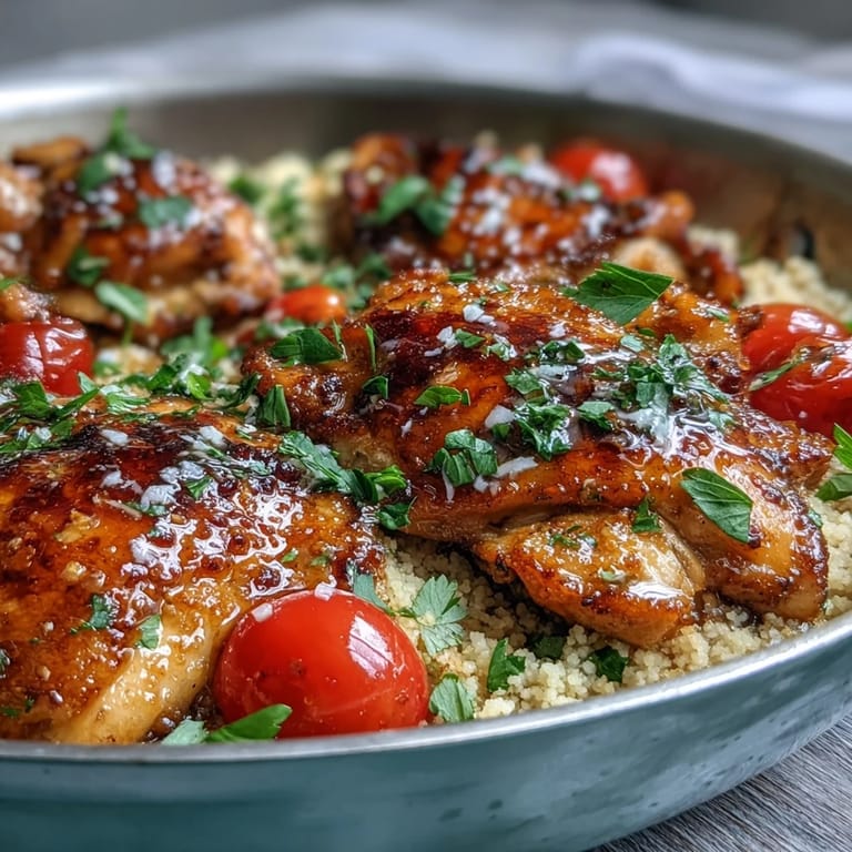 Bright cherry tomatoes and green peas dot the steaming One-Pan Garlic Butter Chicken Couscous next to tender chicken.