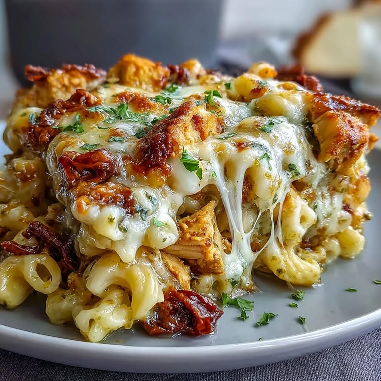 A rustic bowl of Pesto Chicken Chili Mac topped with extra Parmesan and red pepper flakes, ready to serve.