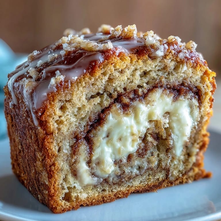 A slice of Cream Cheese Cinnamon Swirl Protein Loaf reveals a rich, creamy cinnamon swirl inside a tender, protein-packed crumb.