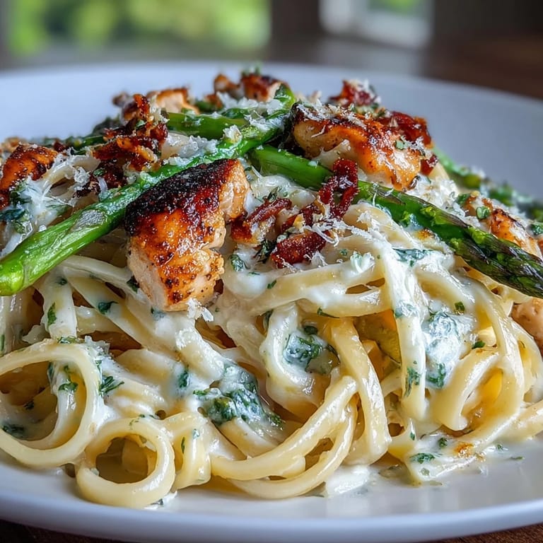 Sautéed chicken pieces and al dente linguine are coated in a rich white sauce for Asiago Chicken & Asparagus Pasta.