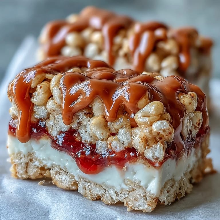 Freshly pressed High-Protein PB&J Rice Krispie Bars show a golden cereal base topped with a glossy peanut butter glaze and vibrant berry jam ribbons.