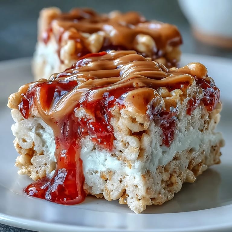 Ready-to-serve High-Protein PB&J Rice Krispie Bars sit on a white plate, showcasing a chewy texture and a thick, marbled peanut butter and jelly topping.