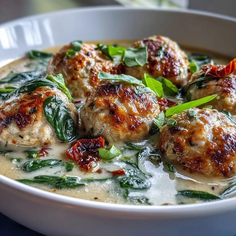 A rustic wooden table displays a hearty bowl of Creamy Tuscan Turkey Meatball Soup with crusty bread, ready for a comforting meal.