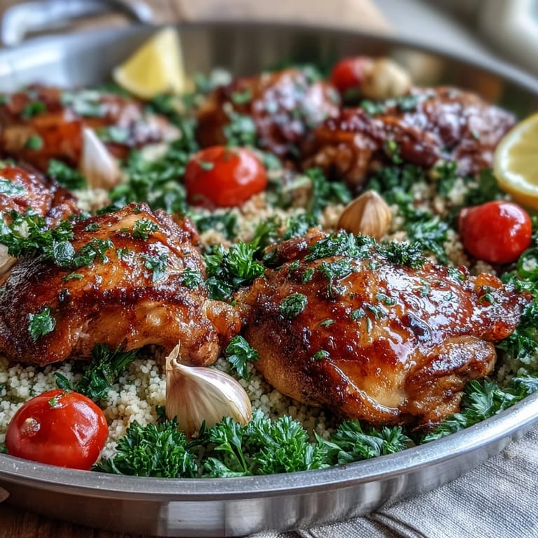 A steaming one-pan meal of tender chicken and couscous, featuring wilted spinach and lemon zest, ready to be served directly from the skillet. 