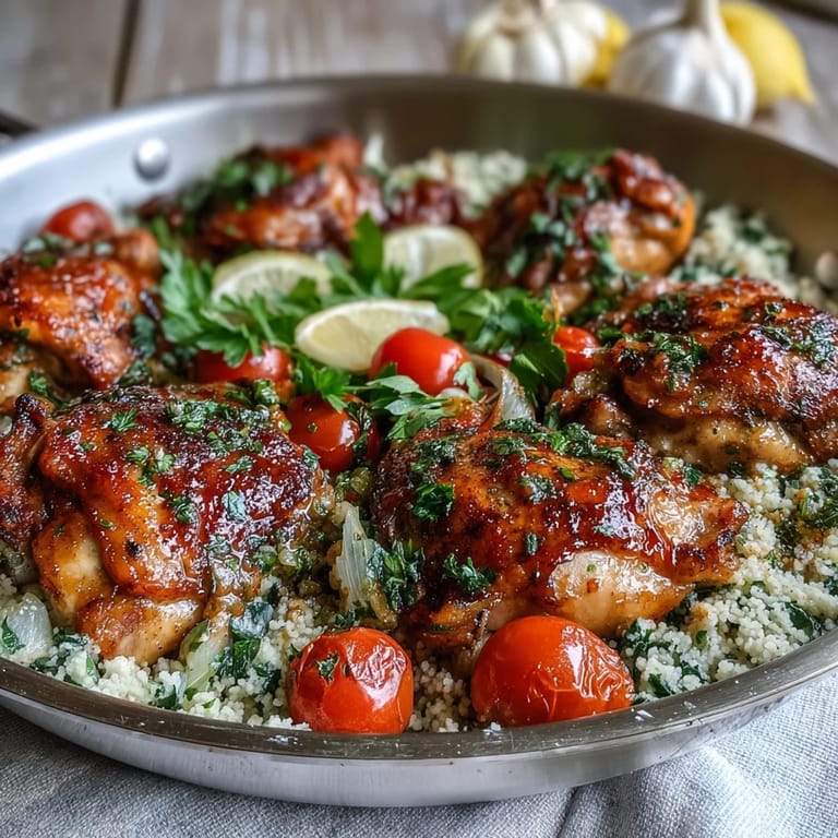 Close-up of savory One-Pan Garlic Butter Chicken Couscous highlighting juicy meat, plump couscous grains, and a sprinkle of fresh herbs.
