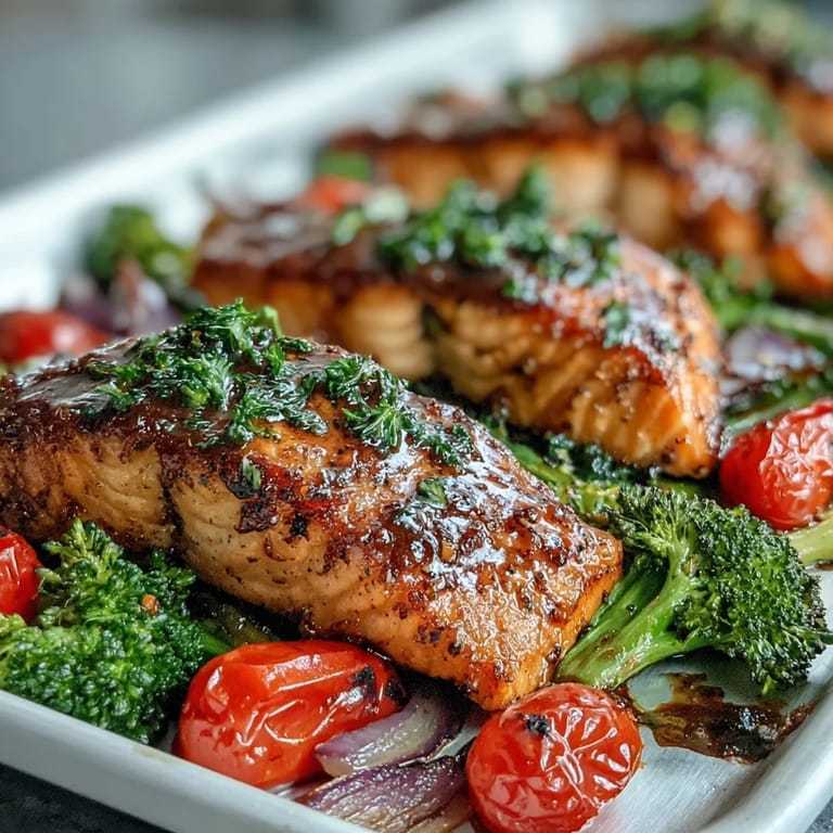 Bright glazed salmon fillets rest beside colorful roasted vegetables, seasoned with herbs and a tangy Dijon mustard sauce.