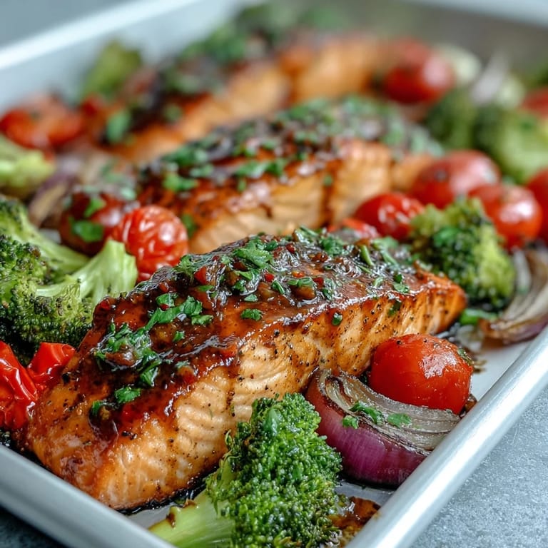 Healthy one-pan dinner of Sheet Pan Dijon Salmon with Roasted Vegetables, garnished with fresh parsley and lemon wedges.